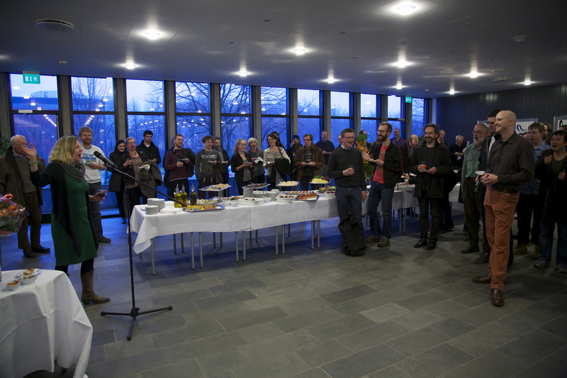 a photo taken while Helle Rootzen, Director of DTU
        Compute, spoke at the reception
